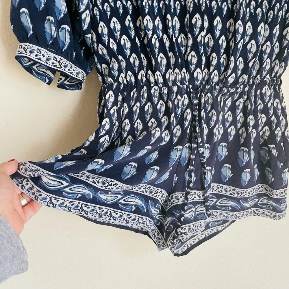 Joie XS Blue White Feather Solstice Boho Silk Romper - Picture 5 of 14